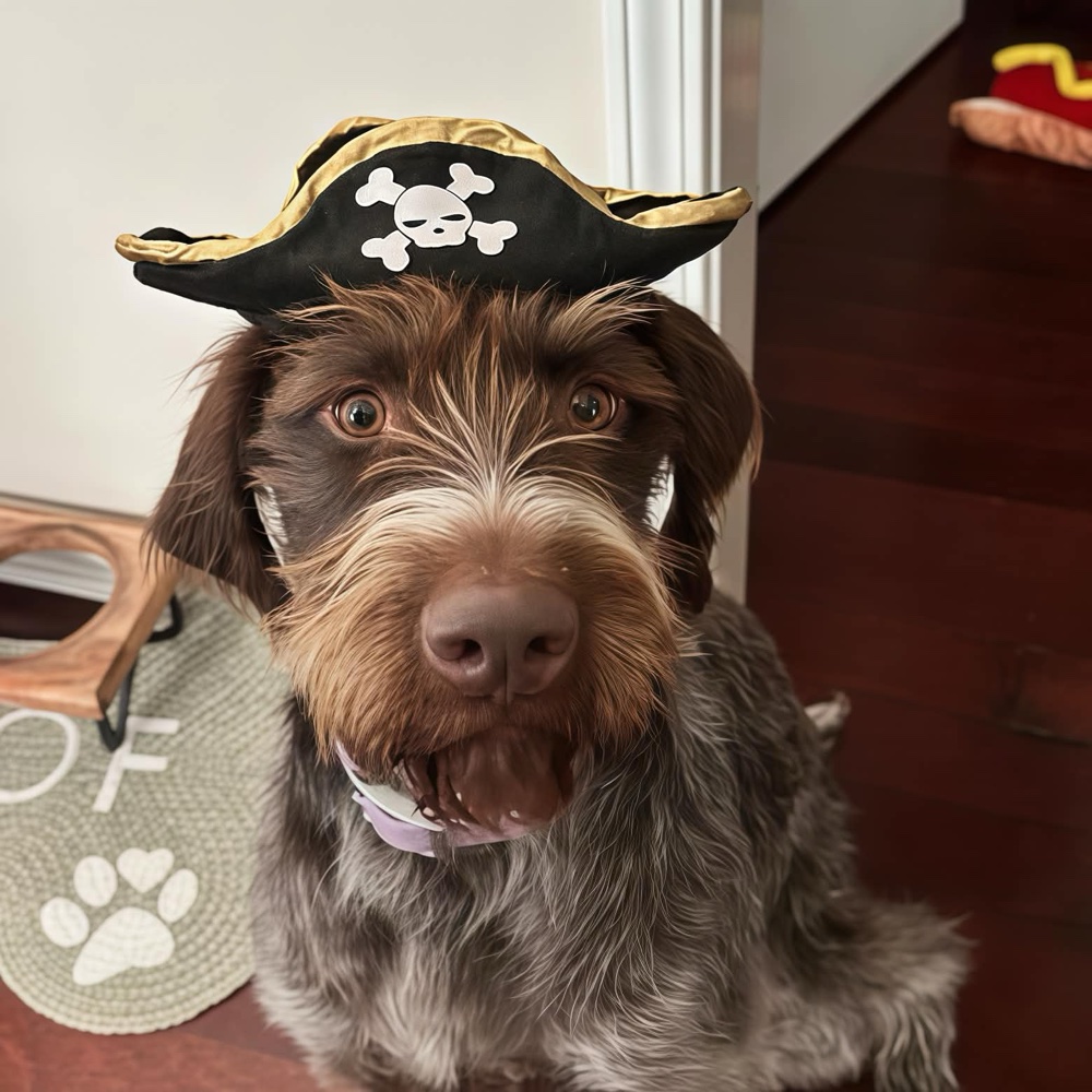 Birdie wearing a pirate hat