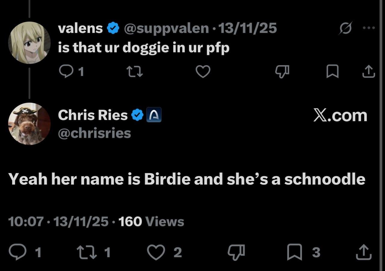 Reply from Chris Ries confirming Birdie's name and breed